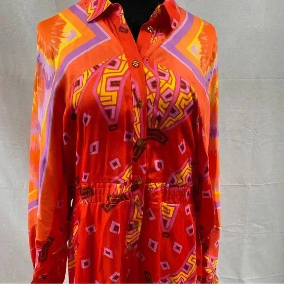 Farm Rio Tiki Bananas Scarf-sleeve Romper Red Tiki Bananas Tie Dye Cashew XS - Picture 11 of 11